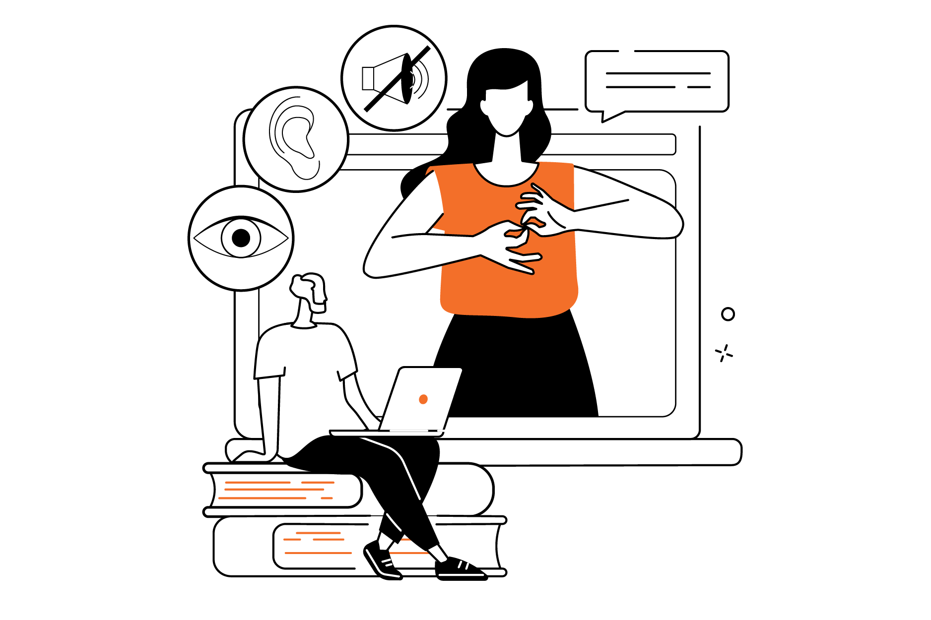 An illustration showing a computer screen with a woman delivering sign language. A man sits in front of a computer looking at the screen. There are 3 icons above him showing an eye for vision, and ear for hearing, and a muted volume symbol.